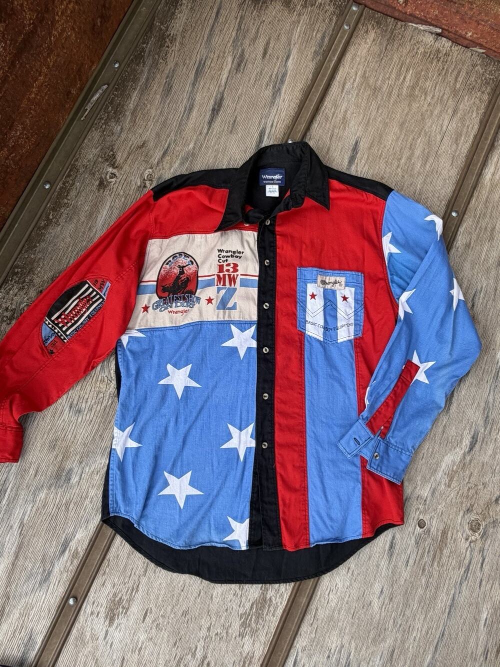 Wrangler Cowboy Cut Western Shirt Mens L Rodeo Greatest Show On Dirt Stars